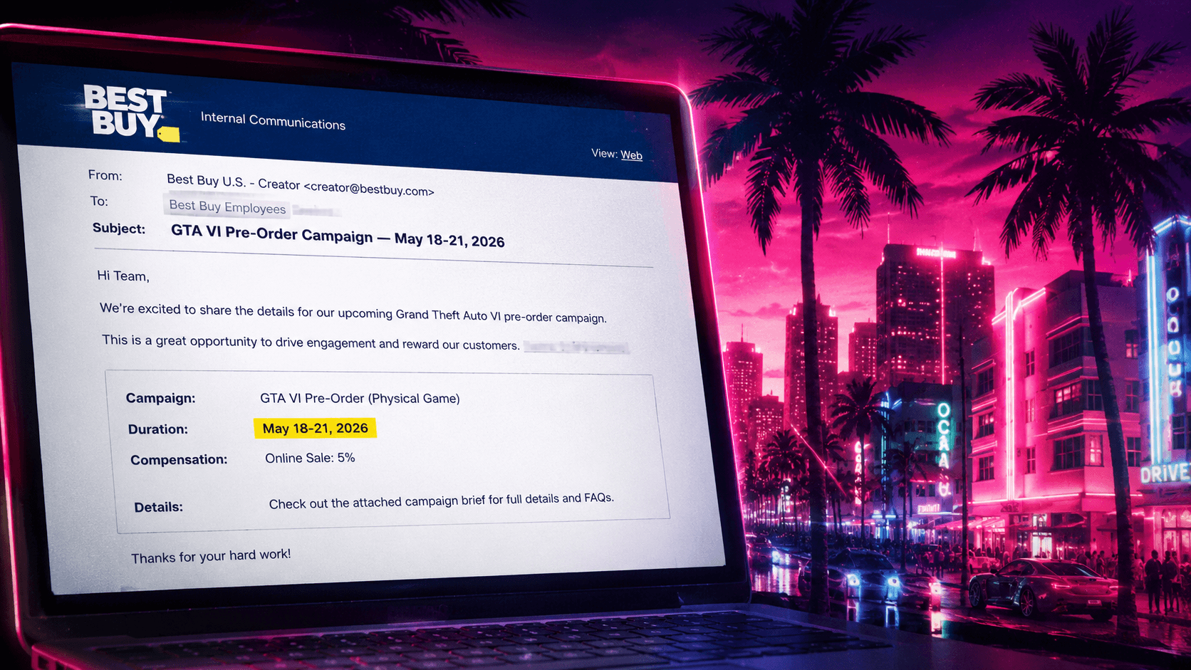 Capture d'écran de l'email interne Best Buy fuité mentionnant la campagne précommandes GTA VI du 18 au 21 mai 2026, sur fond néon Vice City rose et cyan.