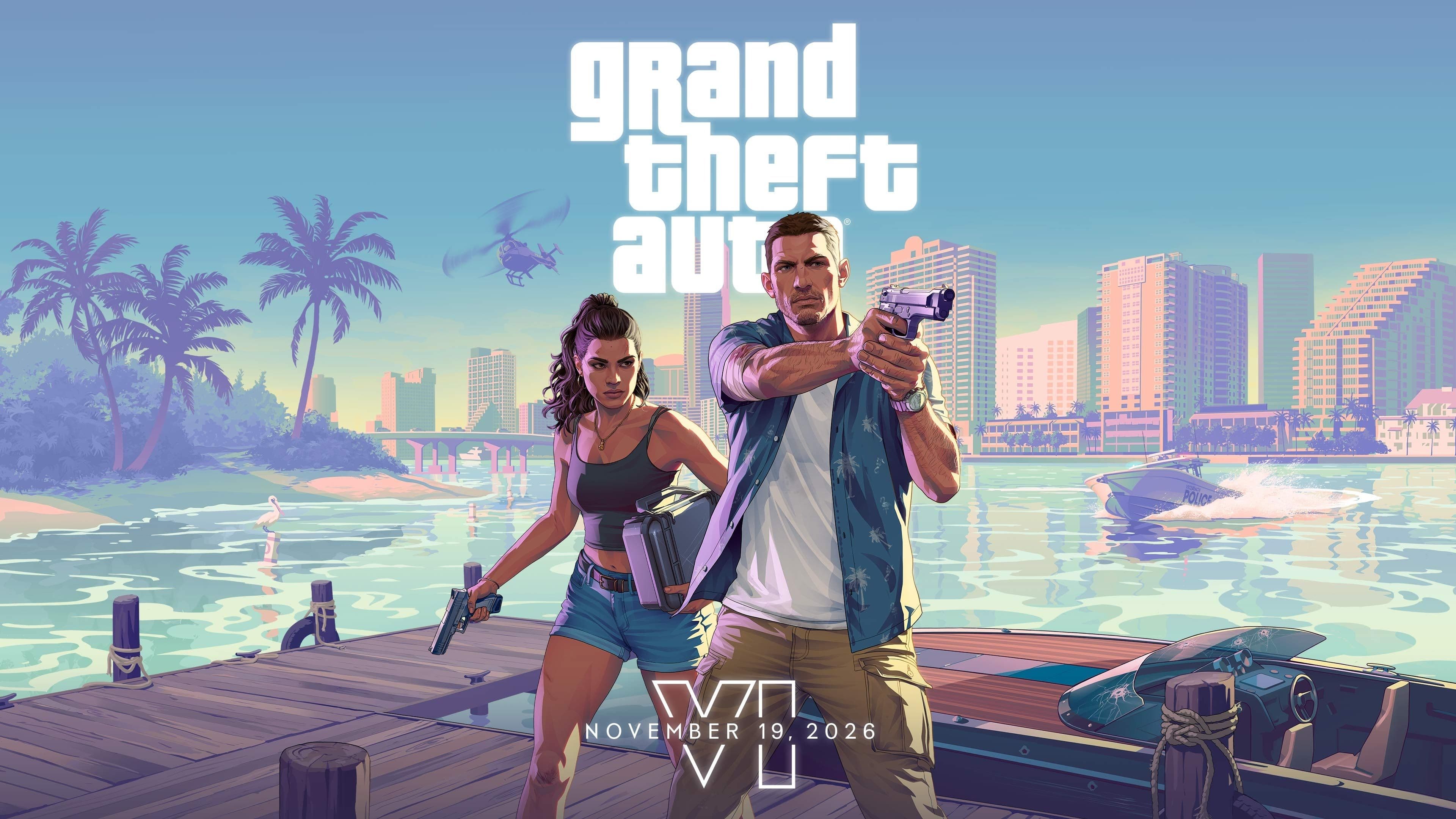 Jason et Lucia armés devant Vice City — artwork officiel GTA VI